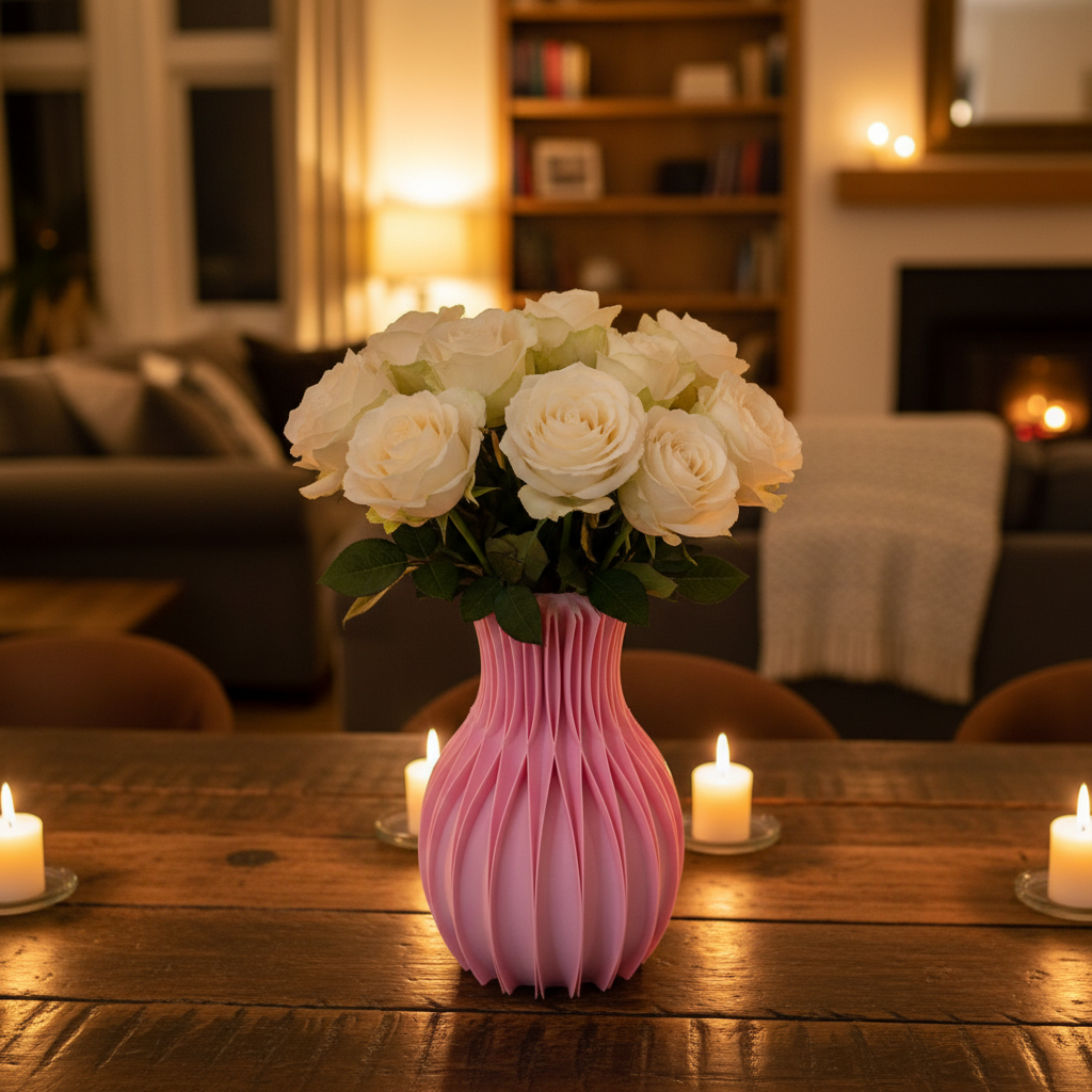 Facetta vase with white roses on a wooden dining table in a cosy candlelit living room