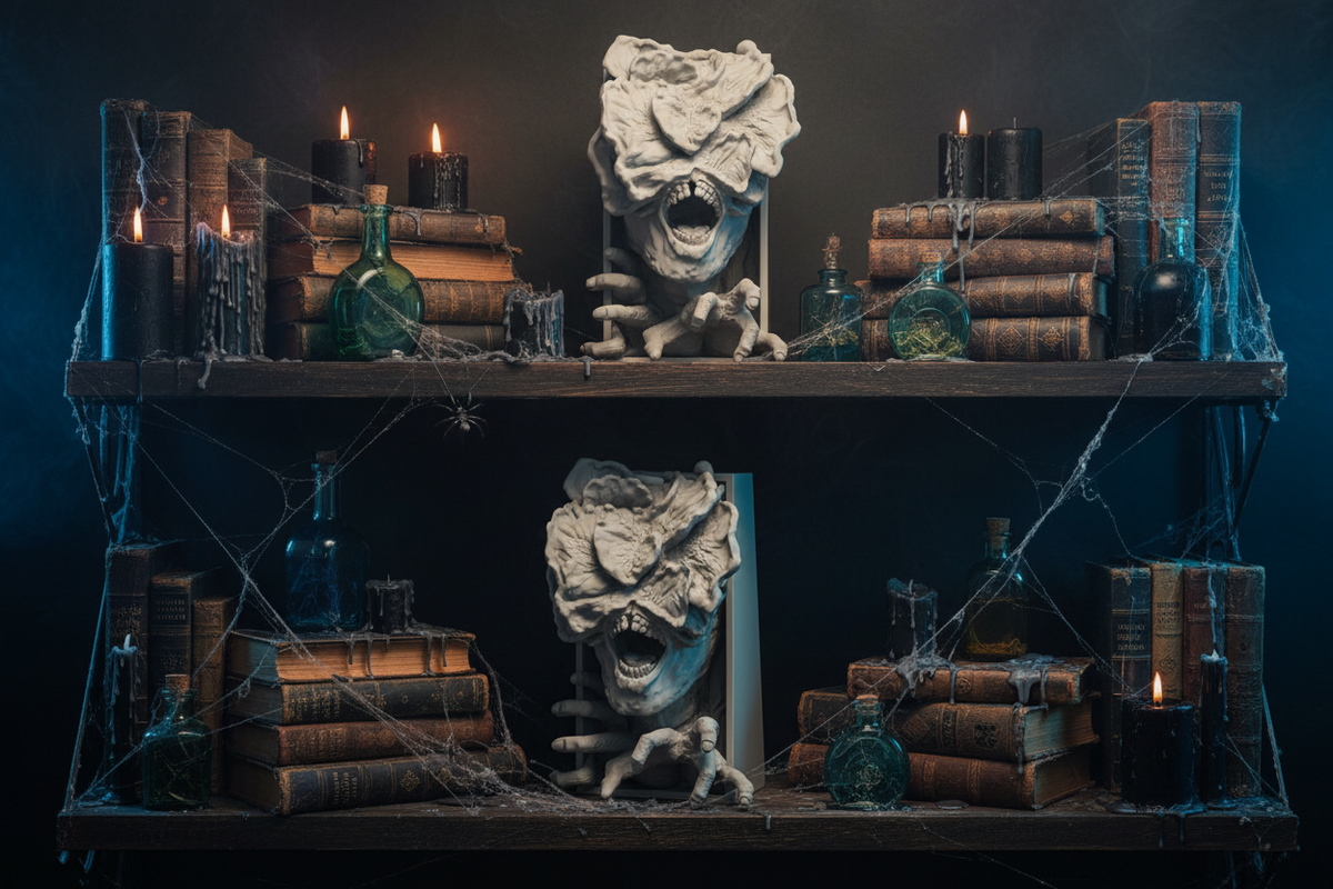 Two Stranger Things Demogorgon book nook relief sculptures grey and white framed boxes dark wooden shelves vintage hardcover books black candles potion bottles spider webs atmospheric moody Halloween shelfie landscape editorial