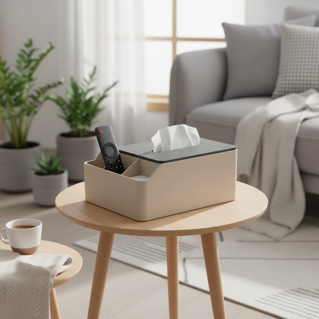 Tissue Box Organiser with Integrated Storage in beige — on living room side table with remote control in rear compartment, cosy Scandinavian interior