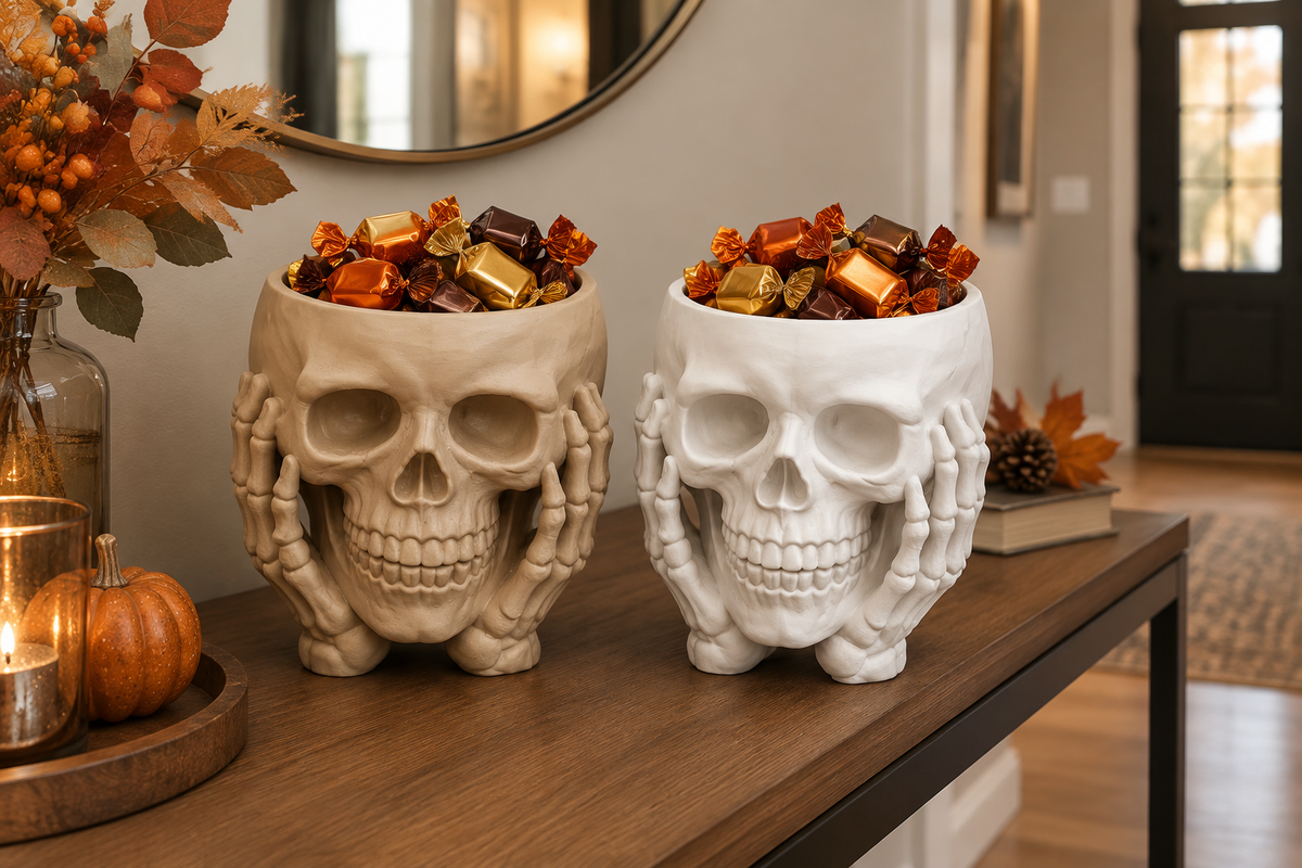 Beige and white skull sweet bowls held by sculpted hands, filled with unbranded wrapped sweets on a hallway console