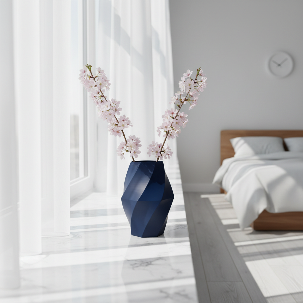 Navy blue swirled vase on white marble windowsill with cherry blossom, minimal bedroom