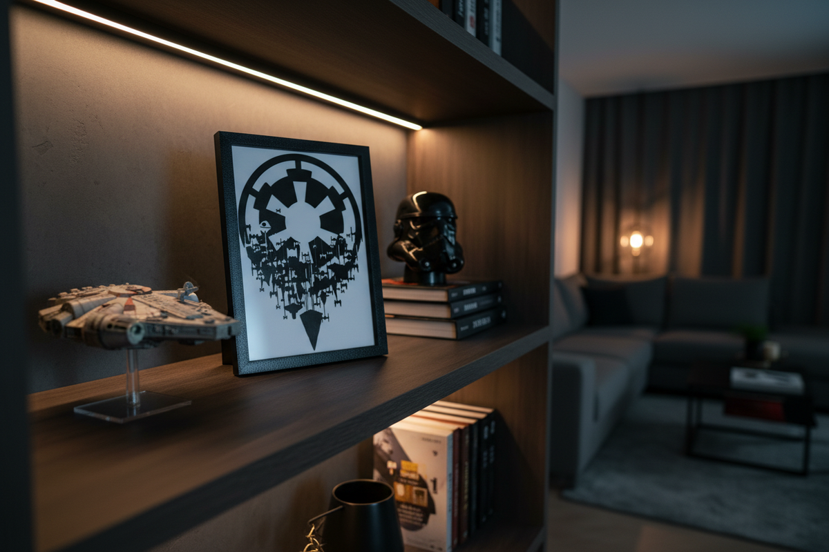 Echoes of the Empire shadow box on a dark wooden shelf in a moody living room with Star Wars collectibles