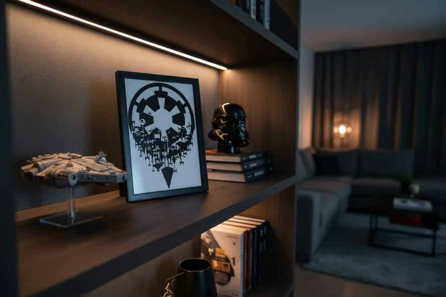 Echoes of the Empire shadow box on a dark wooden shelf in a moody living room with Star Wars collectibles