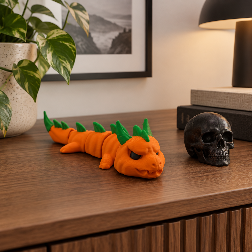 Pumpkin dragon beside a skull ornament