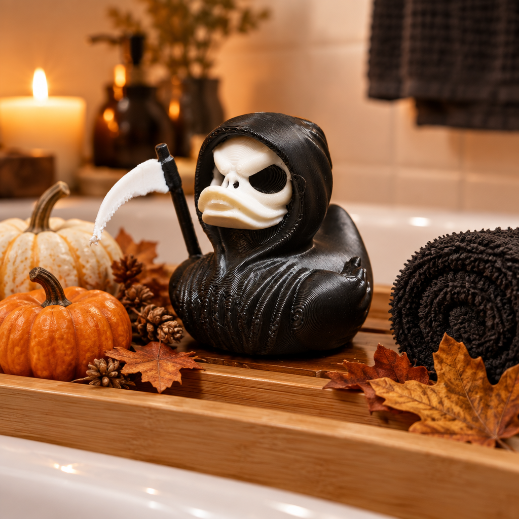 Grim Reaper bath duck styled with subtle pumpkins and autumn bathroom decor