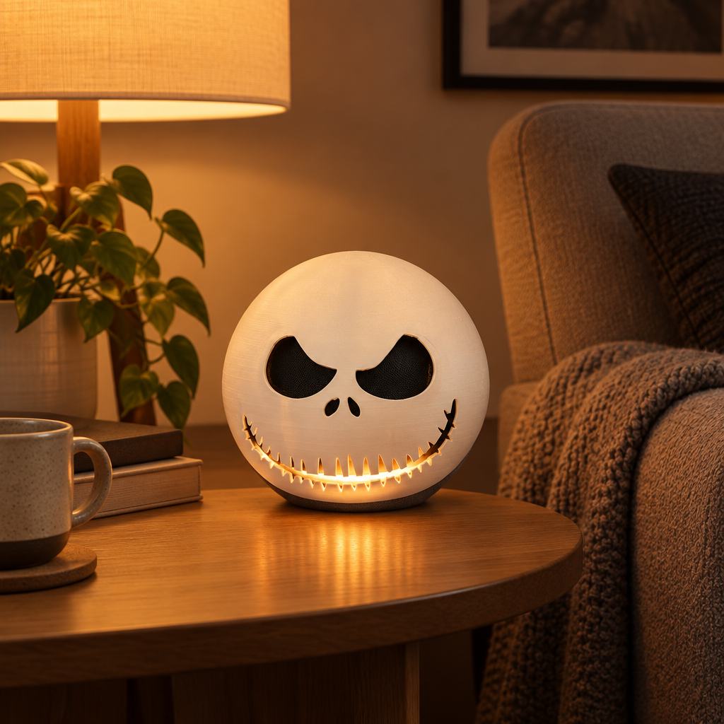 Jack Skellington shell glowing in a reading corner beside a mug and lamp