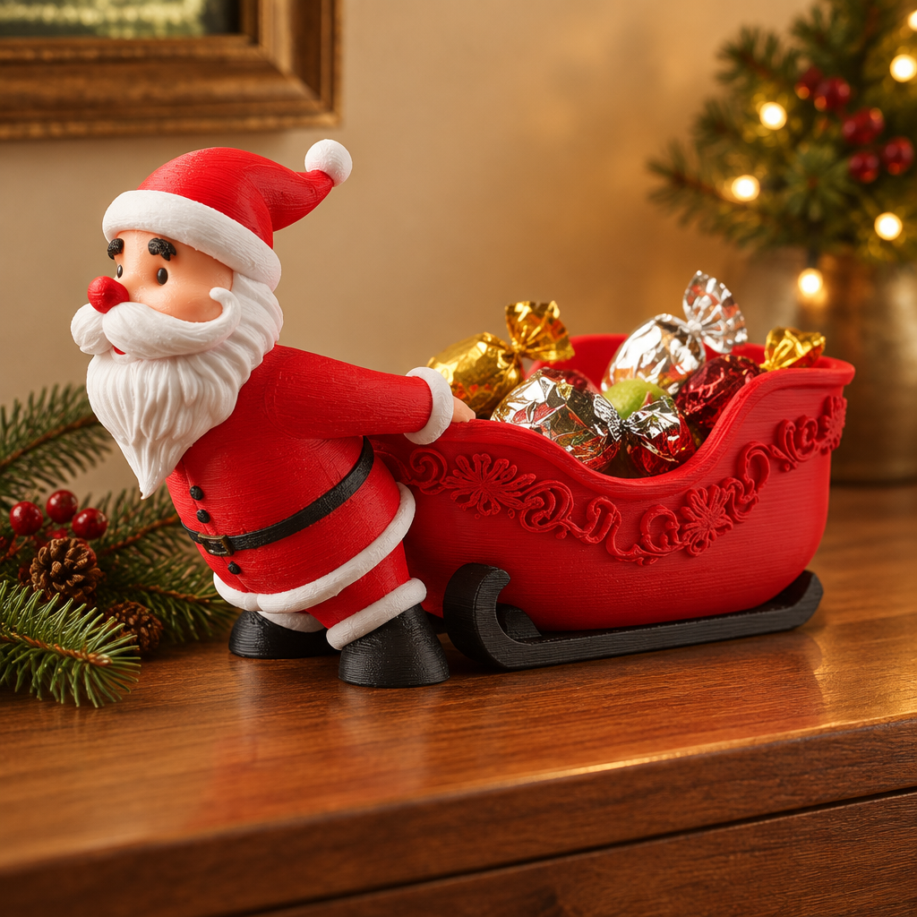 Close view of Santa and the ornate red sleigh sweet bowl with wrapped treats