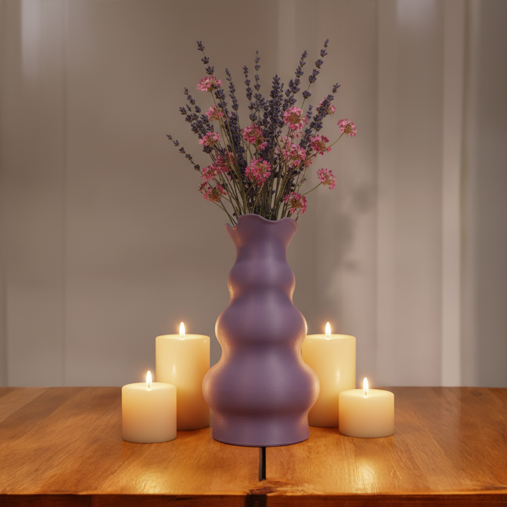 Dusty purple tulip-inspired vase with dried lavender on a wooden dining table with candles