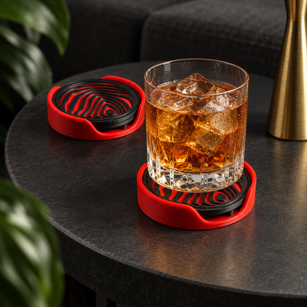 Sphere coaster beneath iced drink