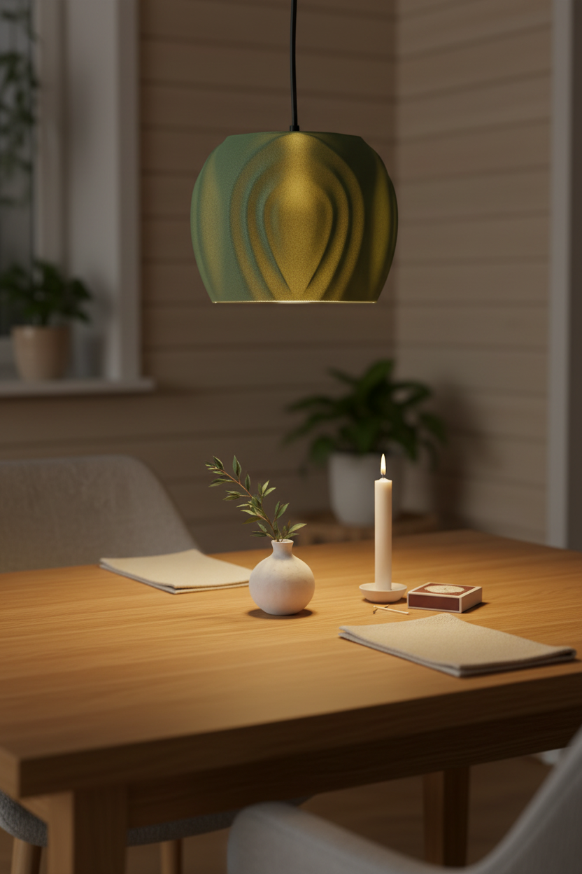 Sage green Tri Tear pendant shade glowing over oak dining table with linen and candle Scandinavian lifestyle