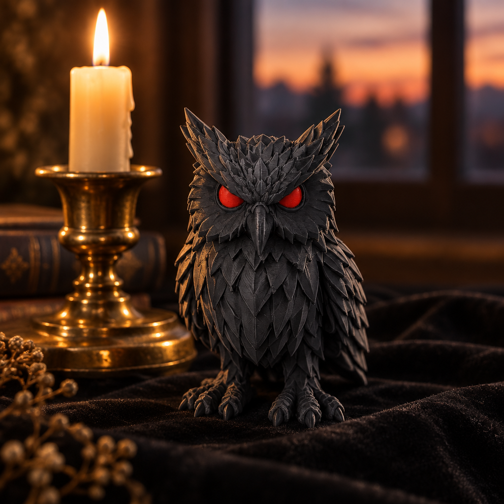Crimson Watcher Owl on black velvet
