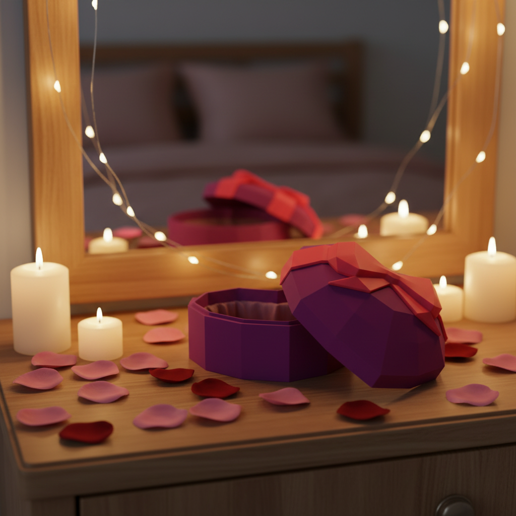 Low-Polygon Heart-Shaped Gift Box in purple — open on romantic bedroom dressing table with rose petals, candles and fairy lights