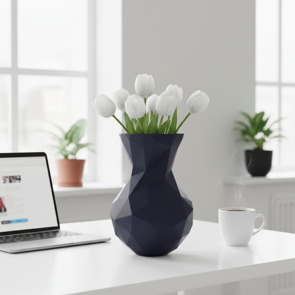 Deep blue low poly vase with white tulips on a minimalist white desk in a modern home office