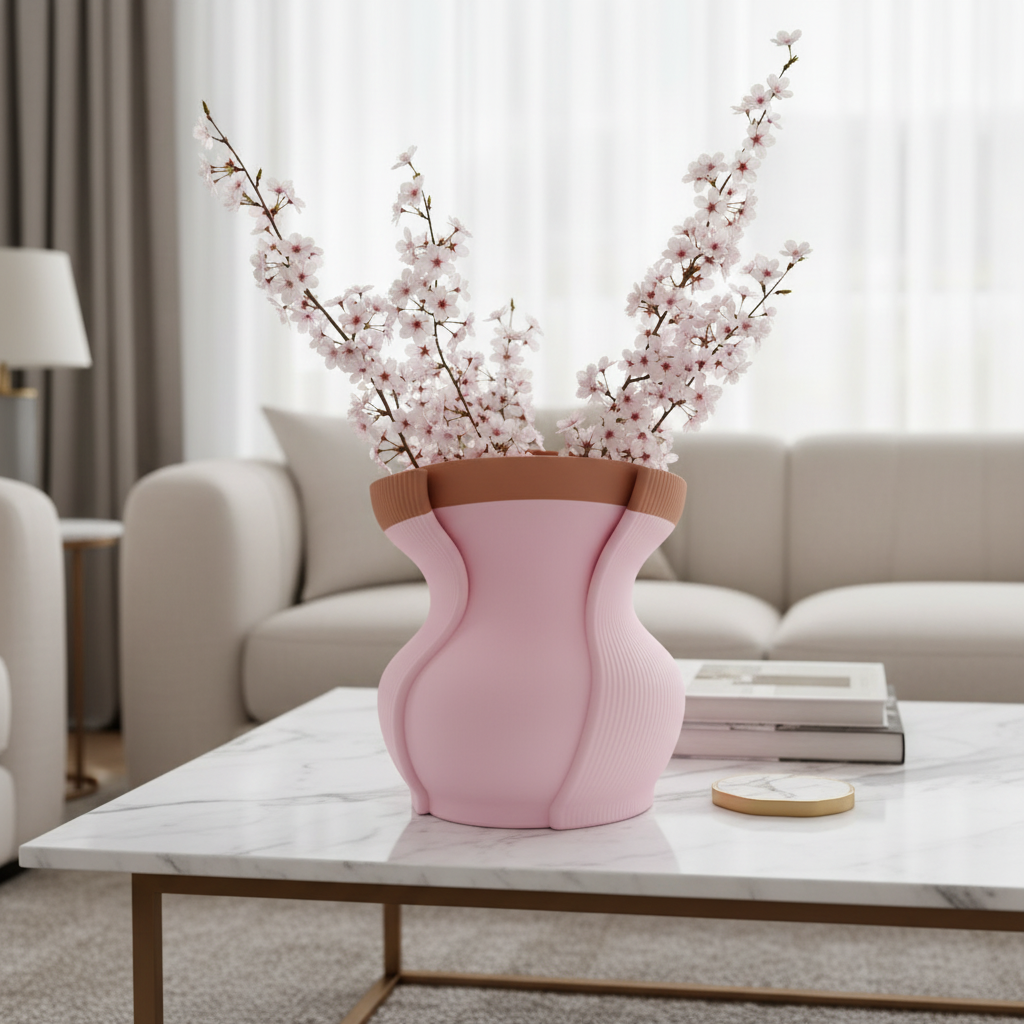 Aera vase in terracotta brown with cherry blossom stems on a marble coffee table