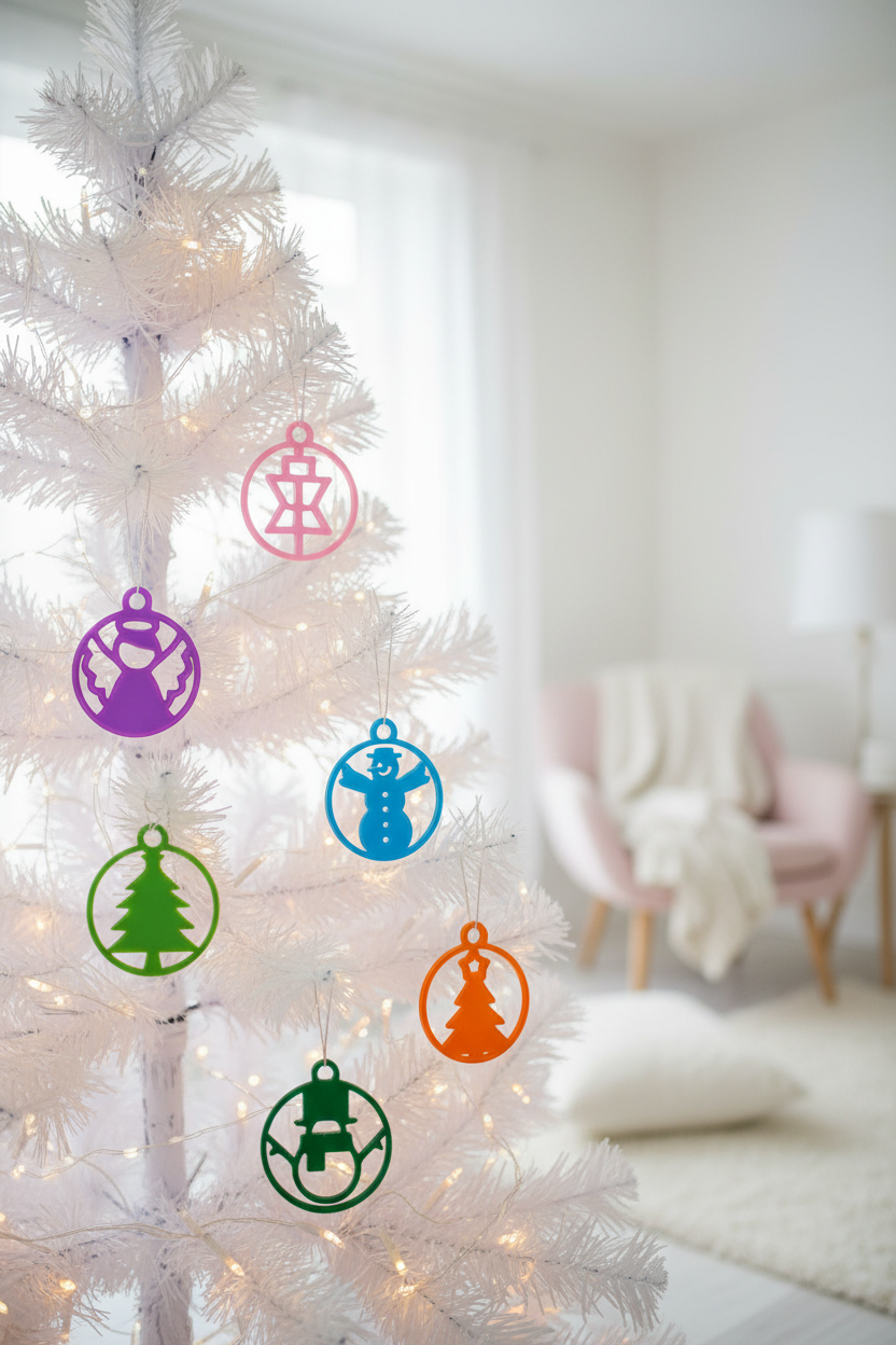 Colourful minimalist ornaments in purple pink green blue on white Christmas tree lifestyle