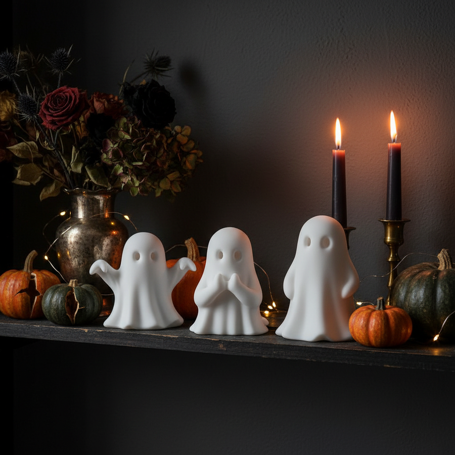 Halloween ghost figurines on dark shelf with pumpkins and candles