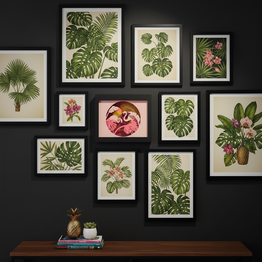 Flamingo Paradise Shadow Box displayed on a dark gallery wall alongside tropical botanical prints