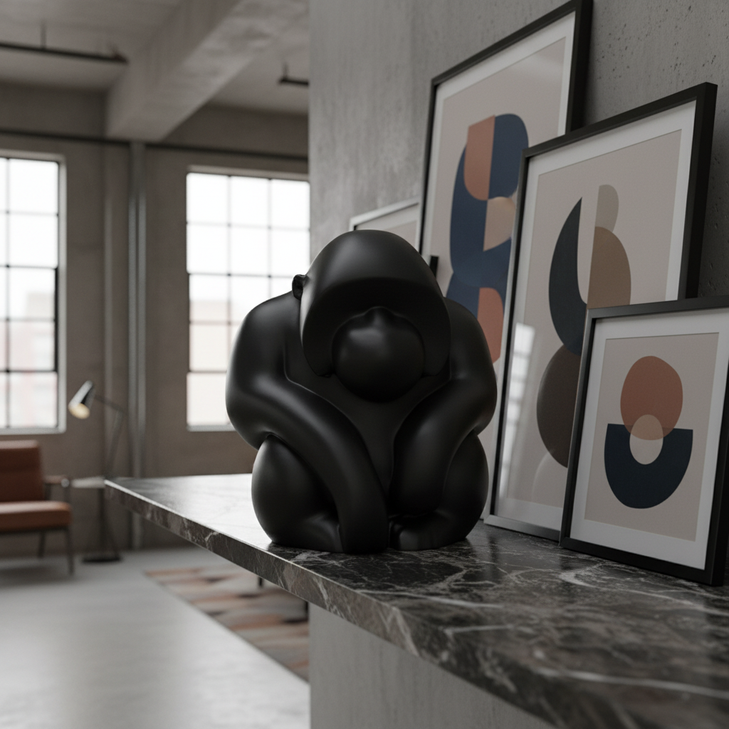 Matte black Orang Sculpture on a dark marble shelf with moody gallery lighting