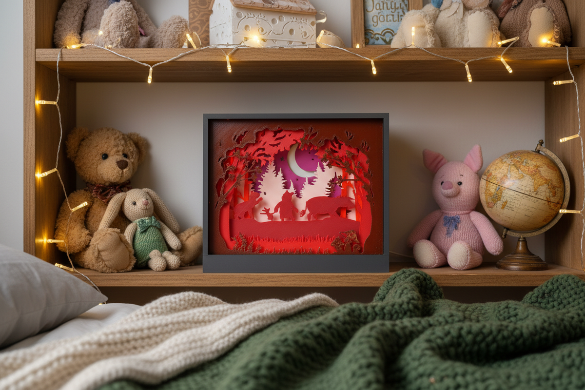Winnie The Pooh shadow box on children's bedroom shelf with soft toys and fairy lights