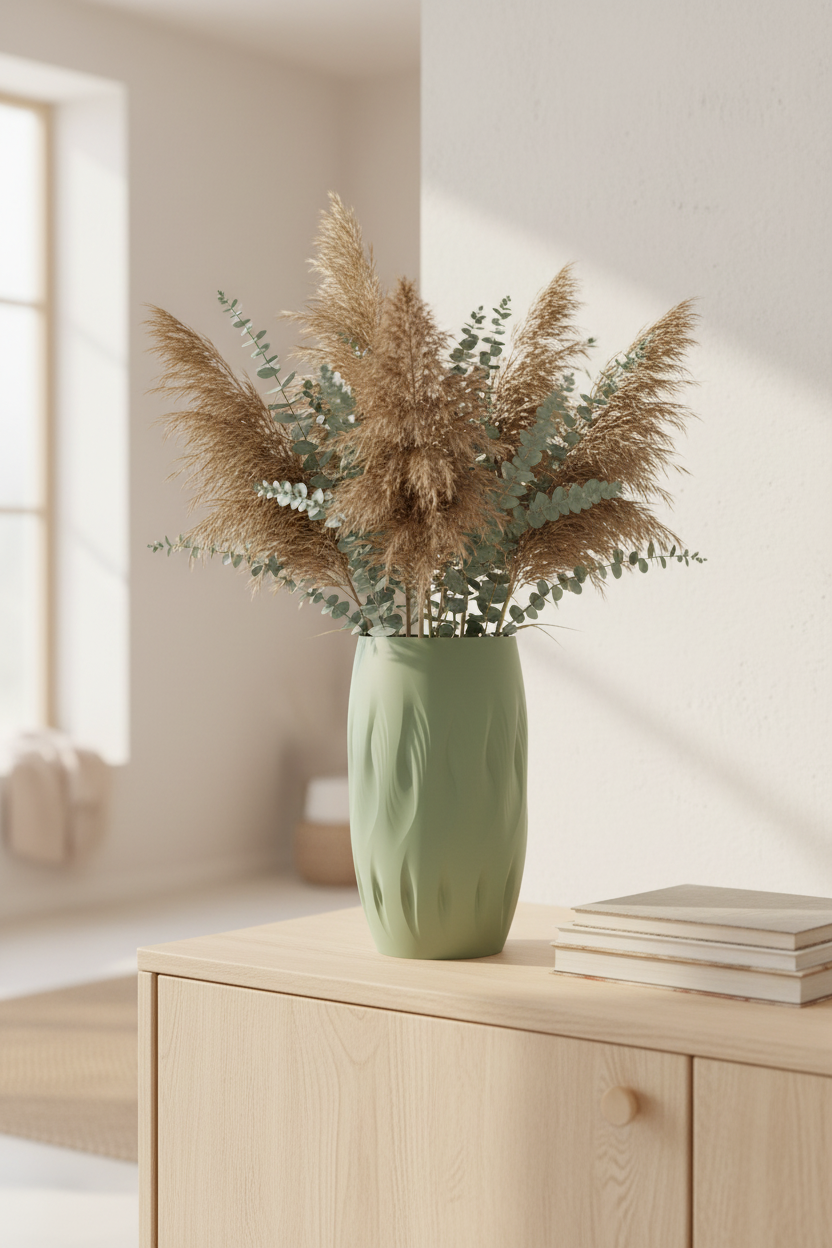 Stagger Twist Vase soft sage green matte flowing flame-twist surface impressions dried pampas eucalyptus stems pale oak sideboard bright Japandi minimal living room stack of books soft morning window light portrait