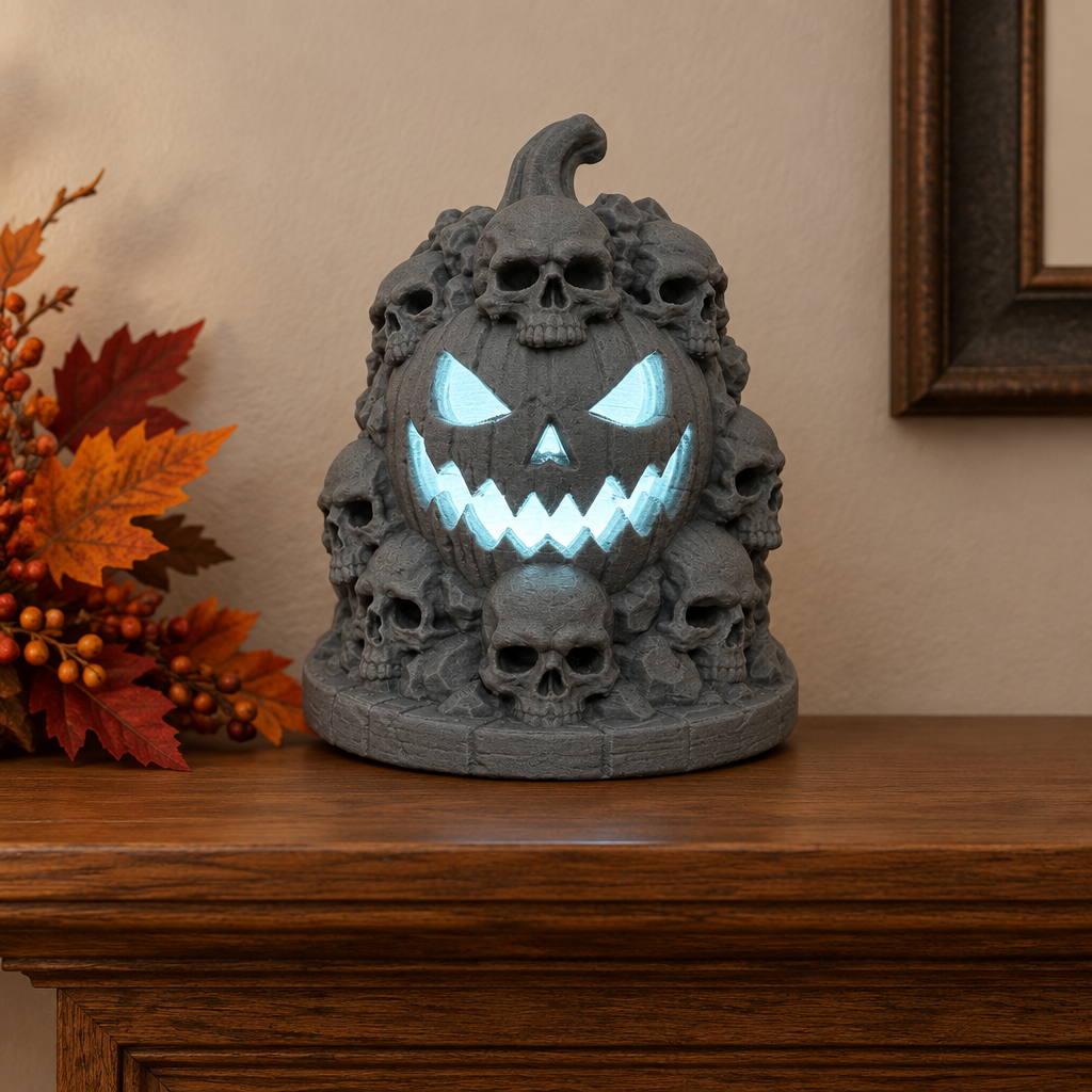 Grey Skull Mountain tealight holder with a pale-blue LED glow displayed on a fireplace mantel