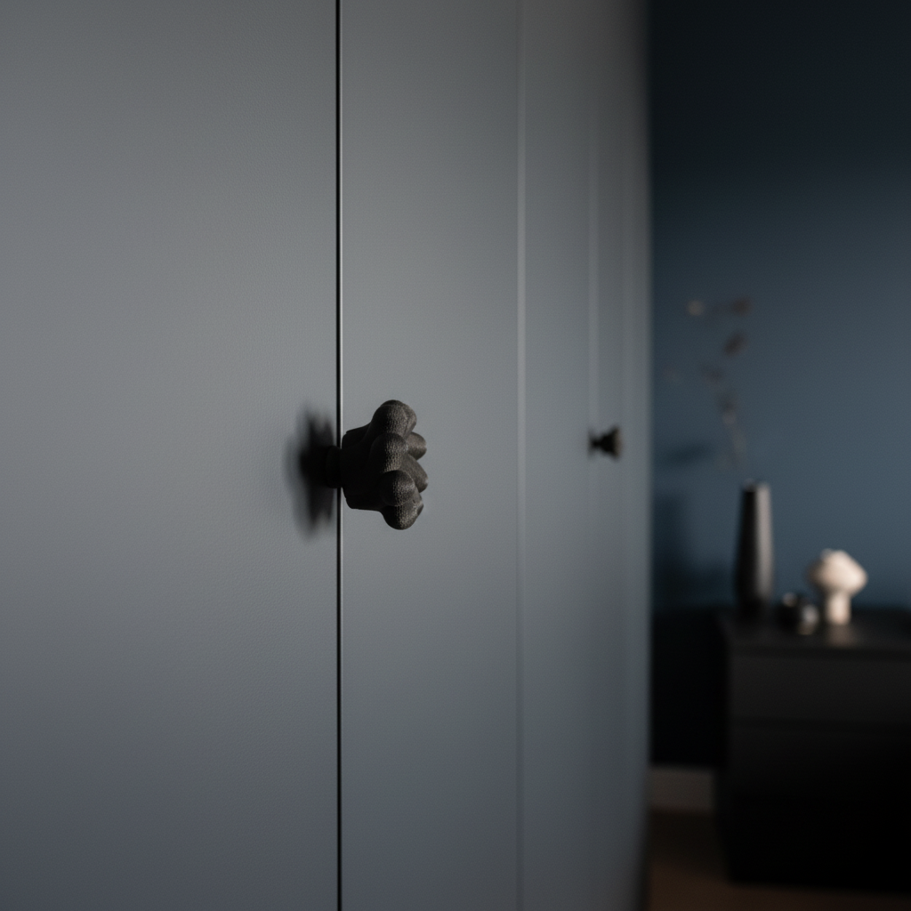 Black twisted knob on dark bedroom wardrobe - lifestyle
