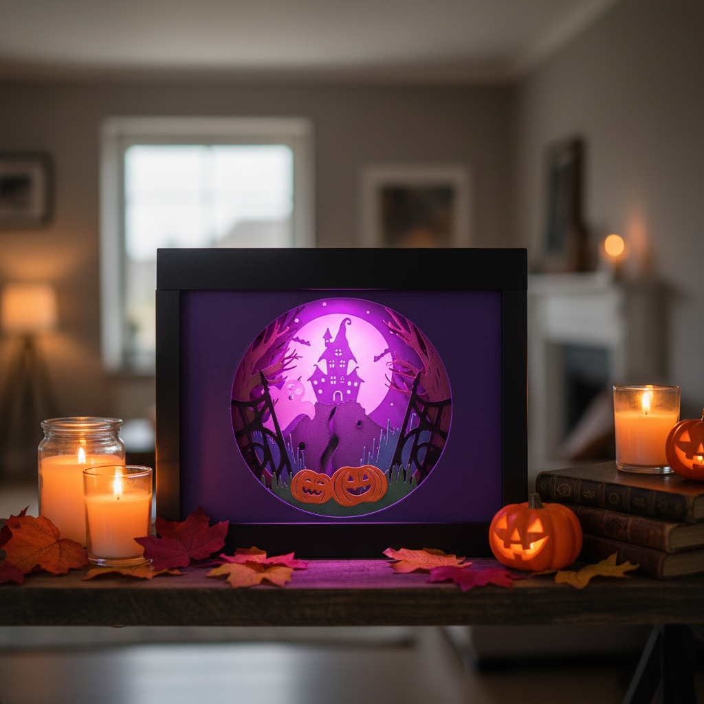 Halloween Haunted Mansion Shadow Box glowing purple on dark wooden shelf with autumn leaves and candles