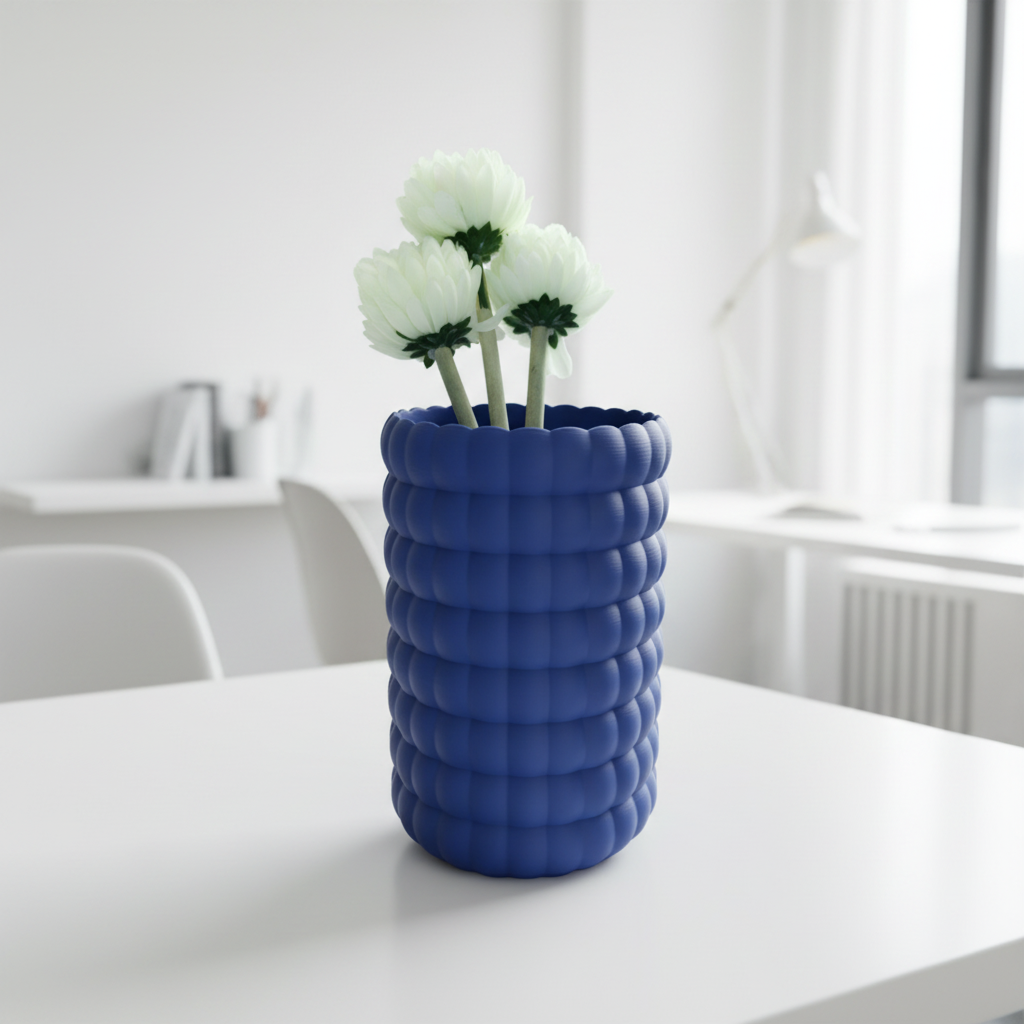 Deep blue Bubble Bloom vase with white chrysanthemums on a minimalist white desk