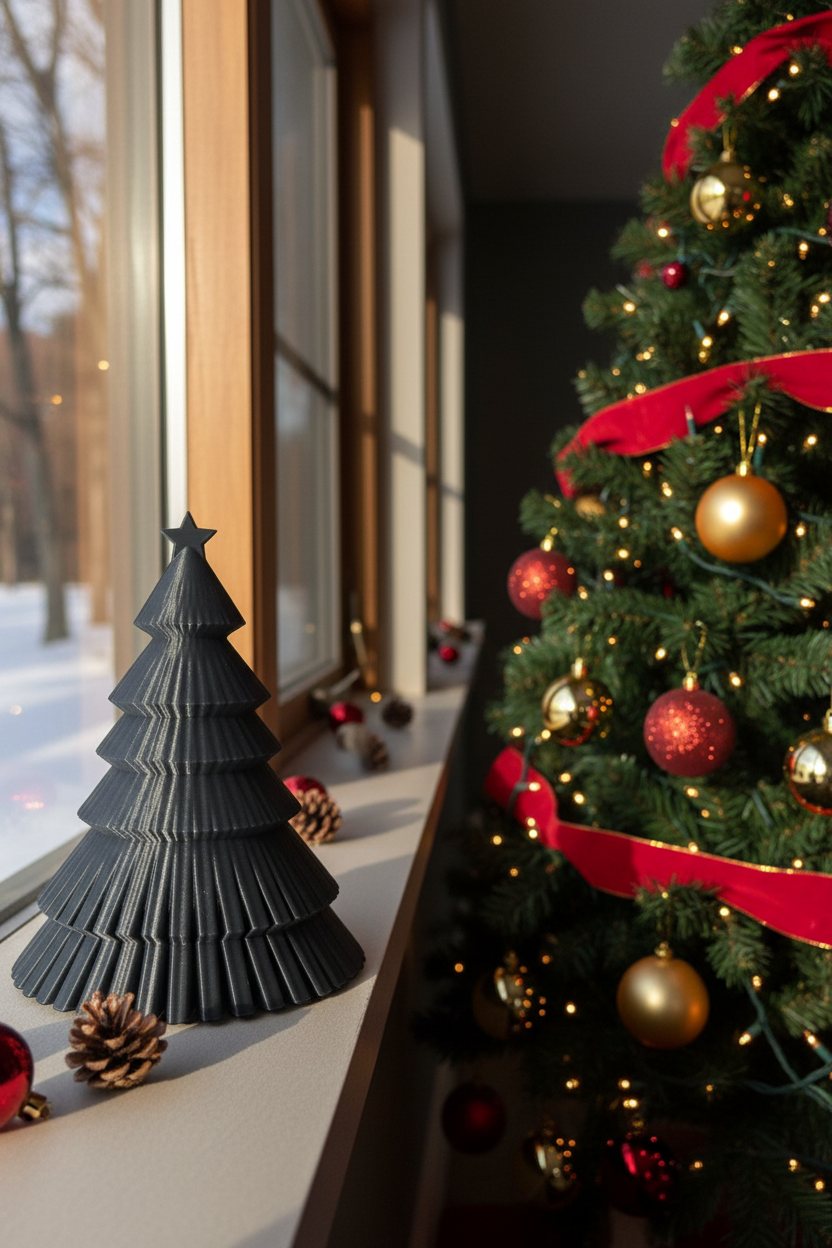 Dark slate ribbed Christmas tree on windowsill beside real decorated tree