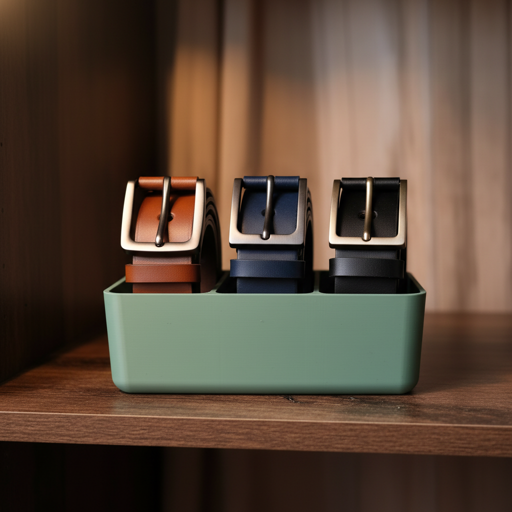 Sage green belt organizer on wardrobe shelf with three rolled leather belts in brown, navy and black