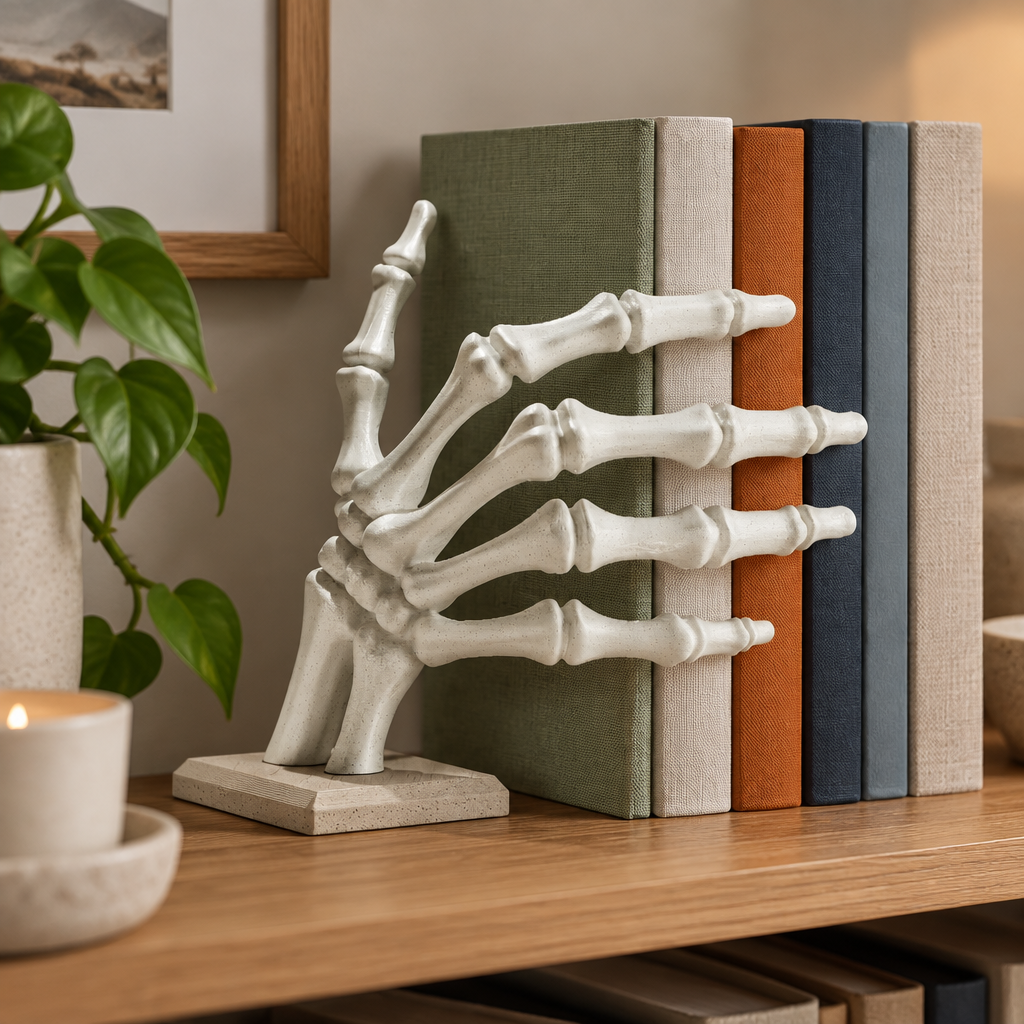 Skeleton hand bookstop in a reading nook