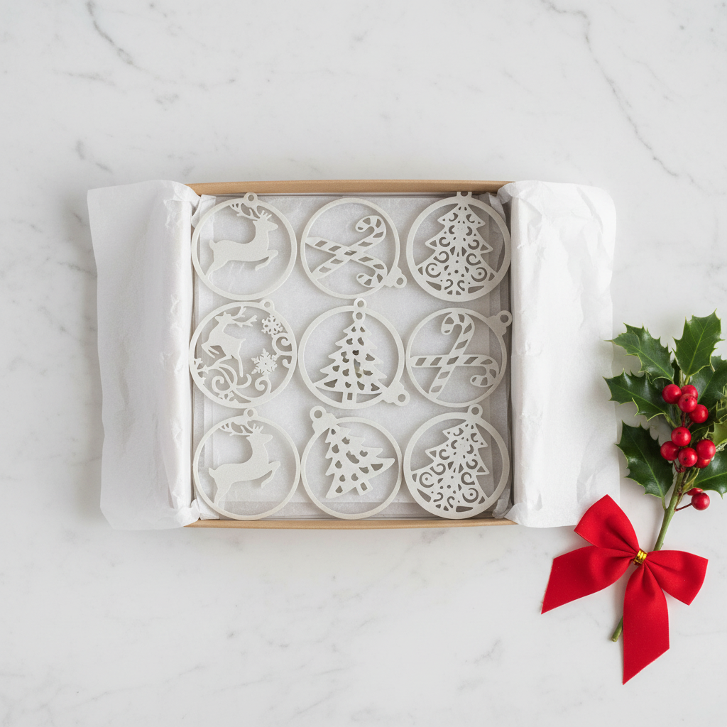10 piece white filigree Christmas bauble ornament set gift box kraft paper tissue paper holly red ribbon white marble overhead gifting editorial square