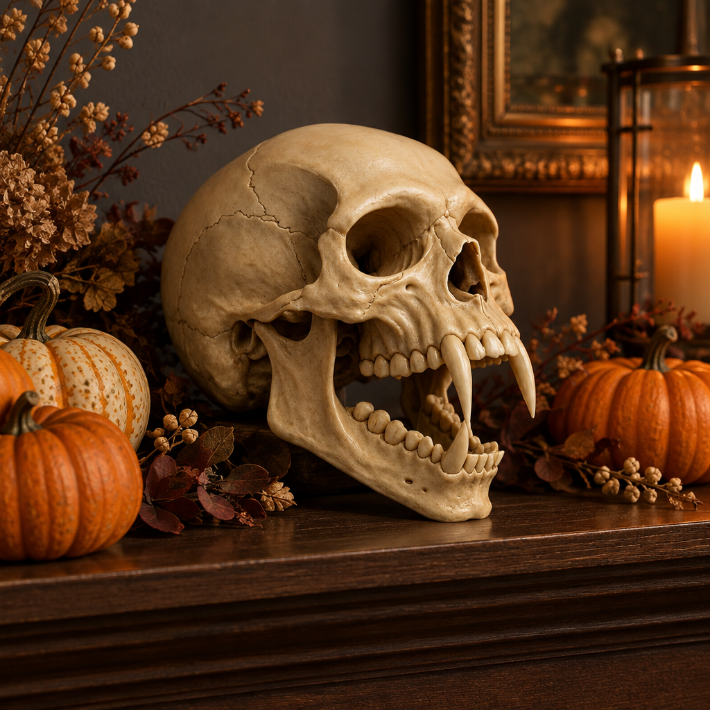 Pale cracked vampire skull with open jaw on a Halloween mantel among pumpkins