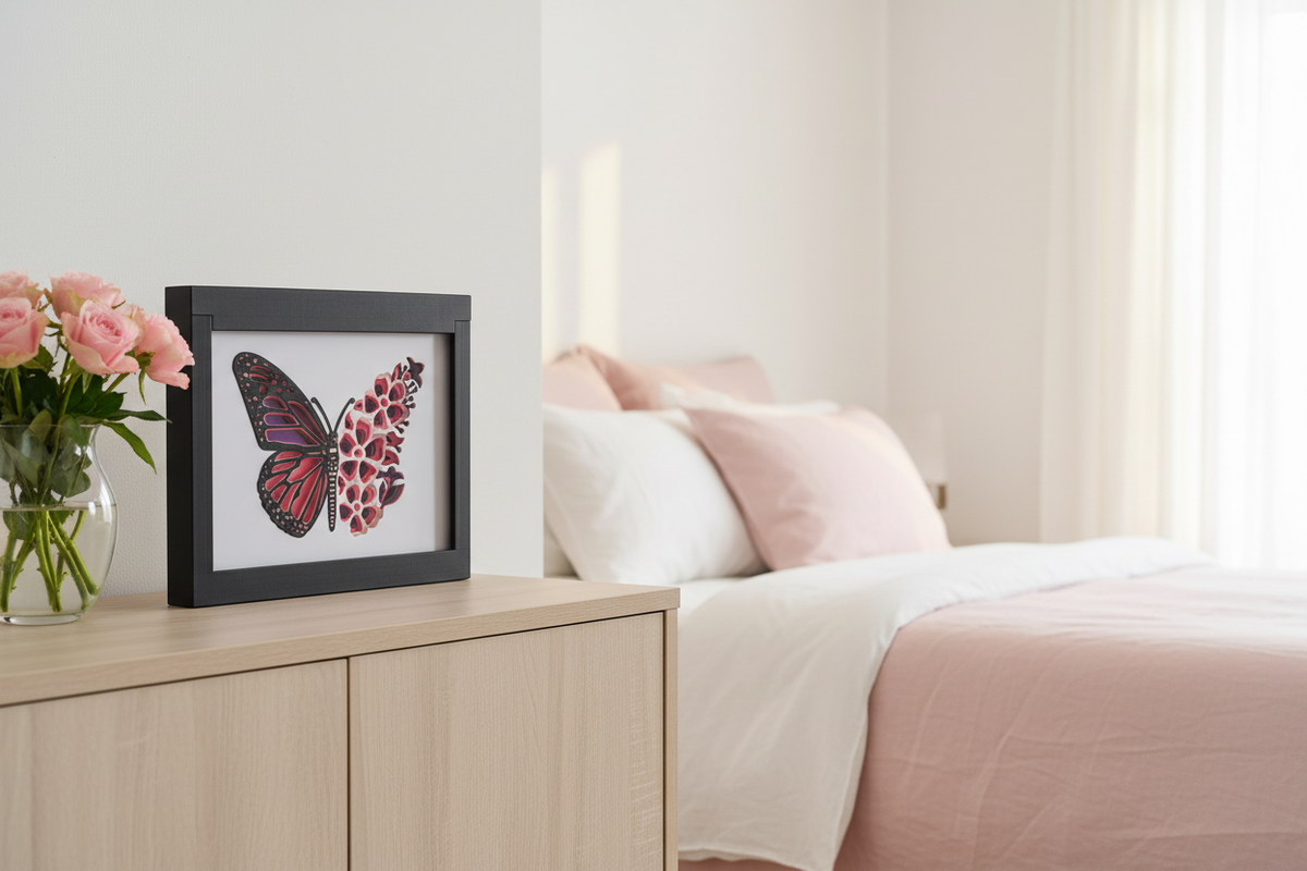 Butterfly shadow box on a white wall in a feminine bedroom with pink roses and soft natural light
