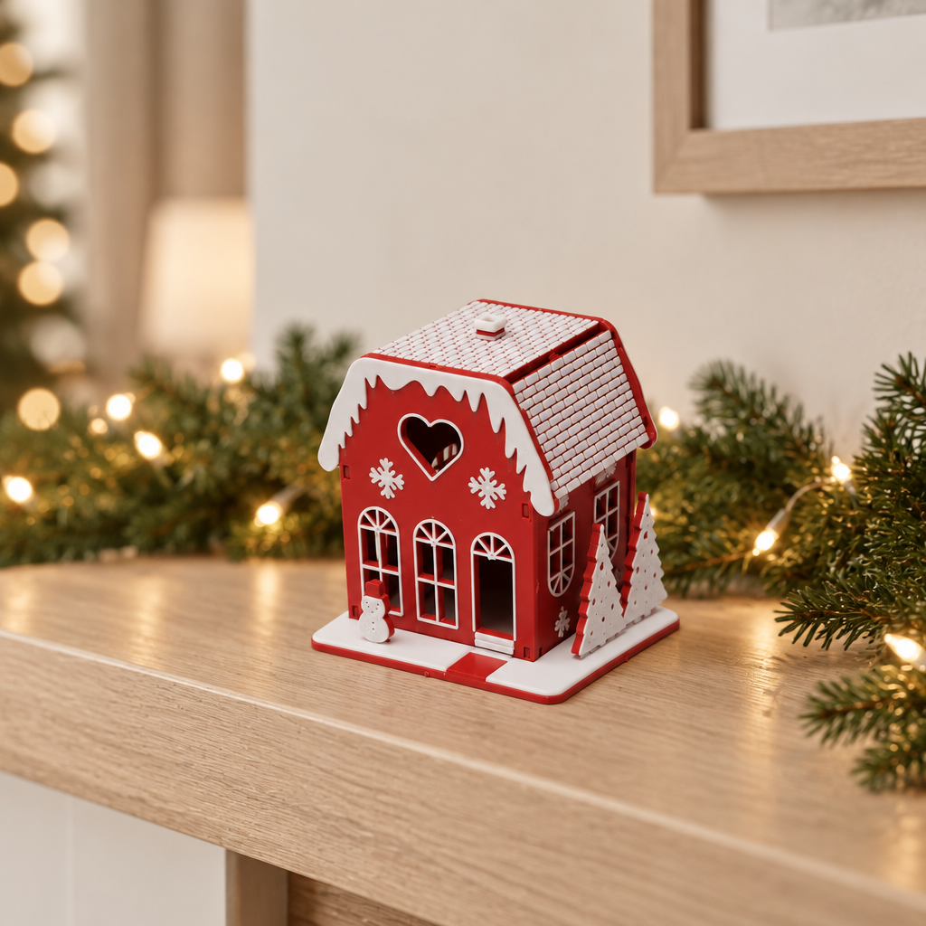 Red miniature Christmas house displayed on a pale oak mantel