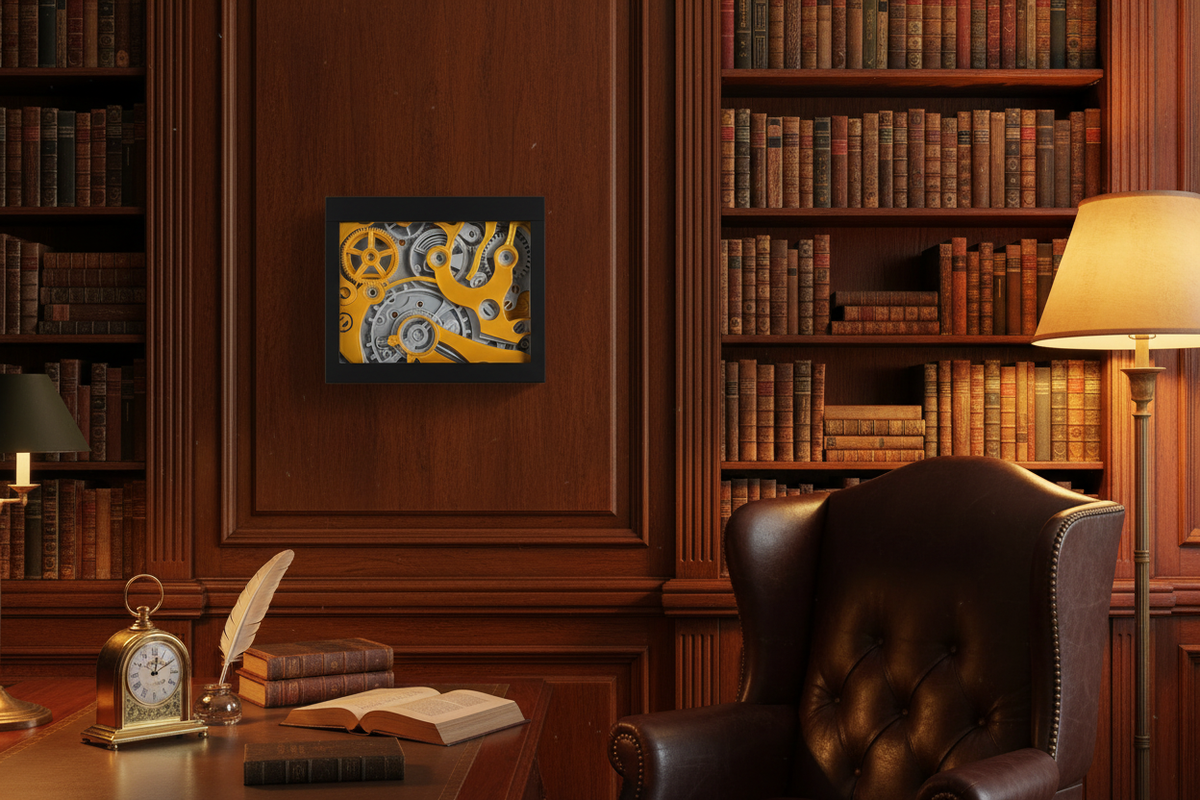 Clockwork shadow box on a wall in a sophisticated home study with leather armchair, vintage books and desk clock