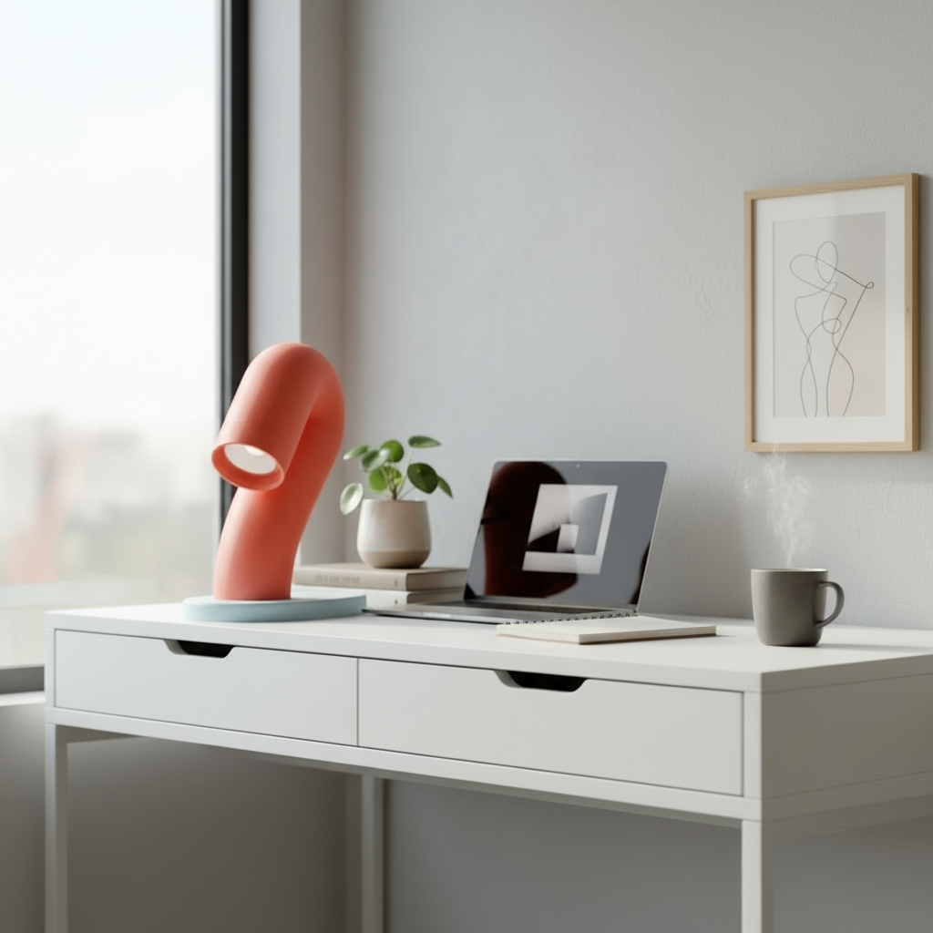 Wibble Desk Lamp on minimalist white desk