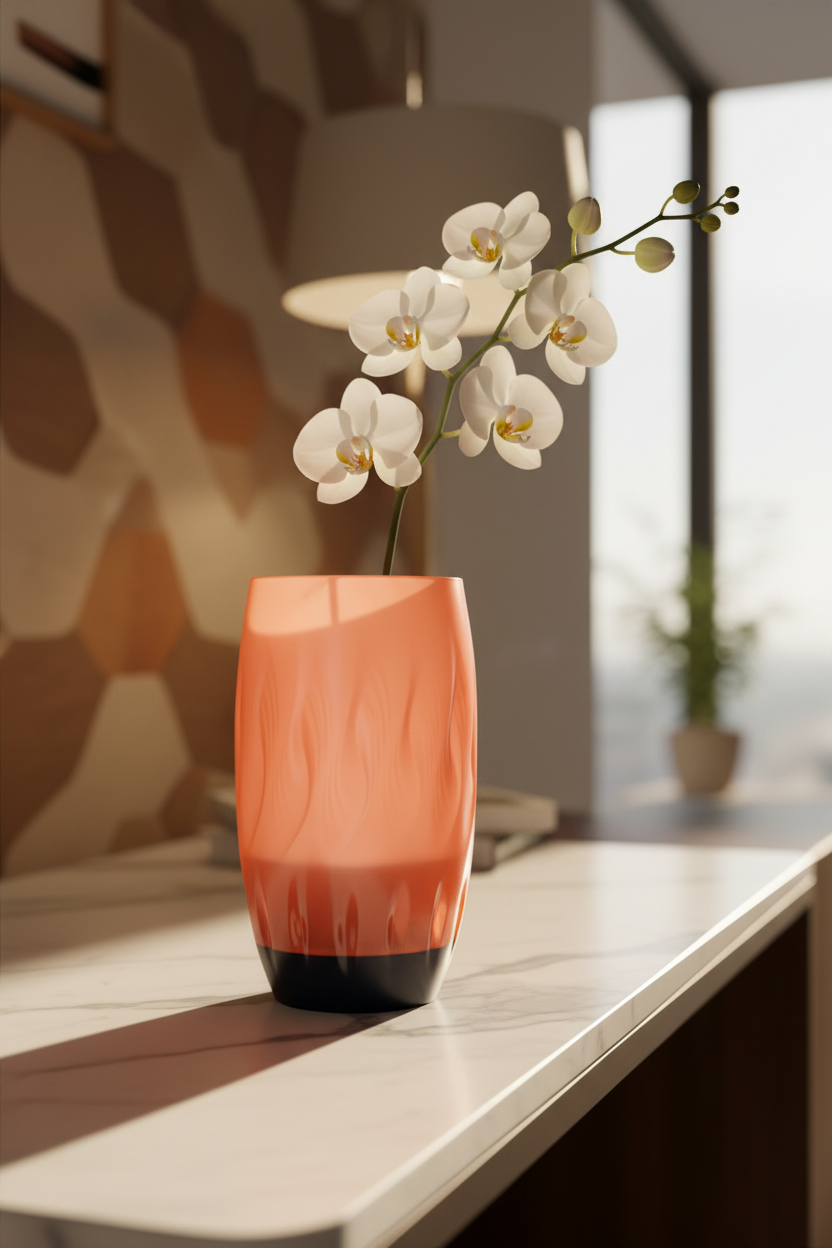 Twist Flame Vase translucent warm coral orange upper body matte black base organic wave flame dimple texture single white orchid stem white marble console table bright contemporary interior warm afternoon sunlight portrait