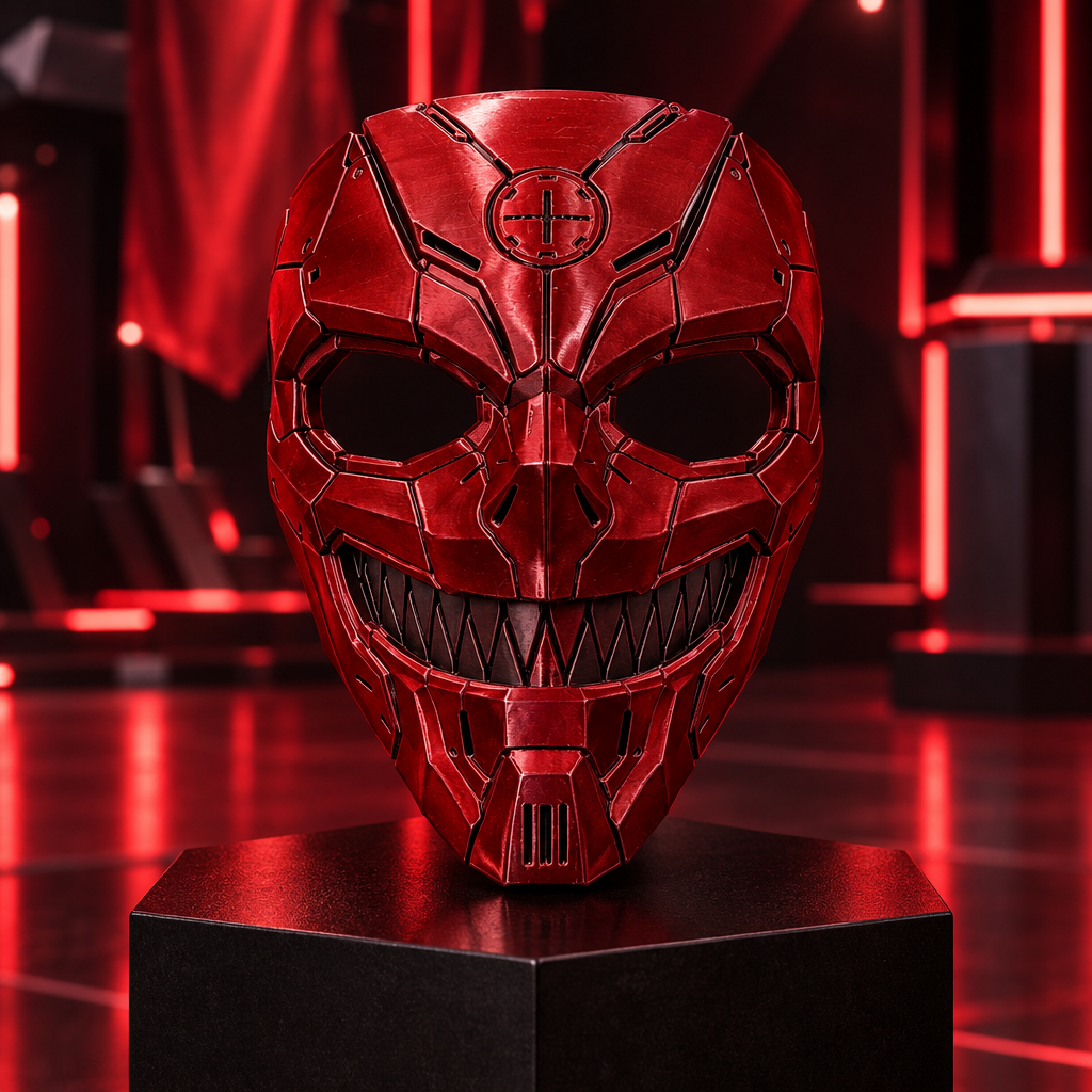 Crimson red Tech Devil mechanical skull mask displayed at a futuristic costume event, without a strap