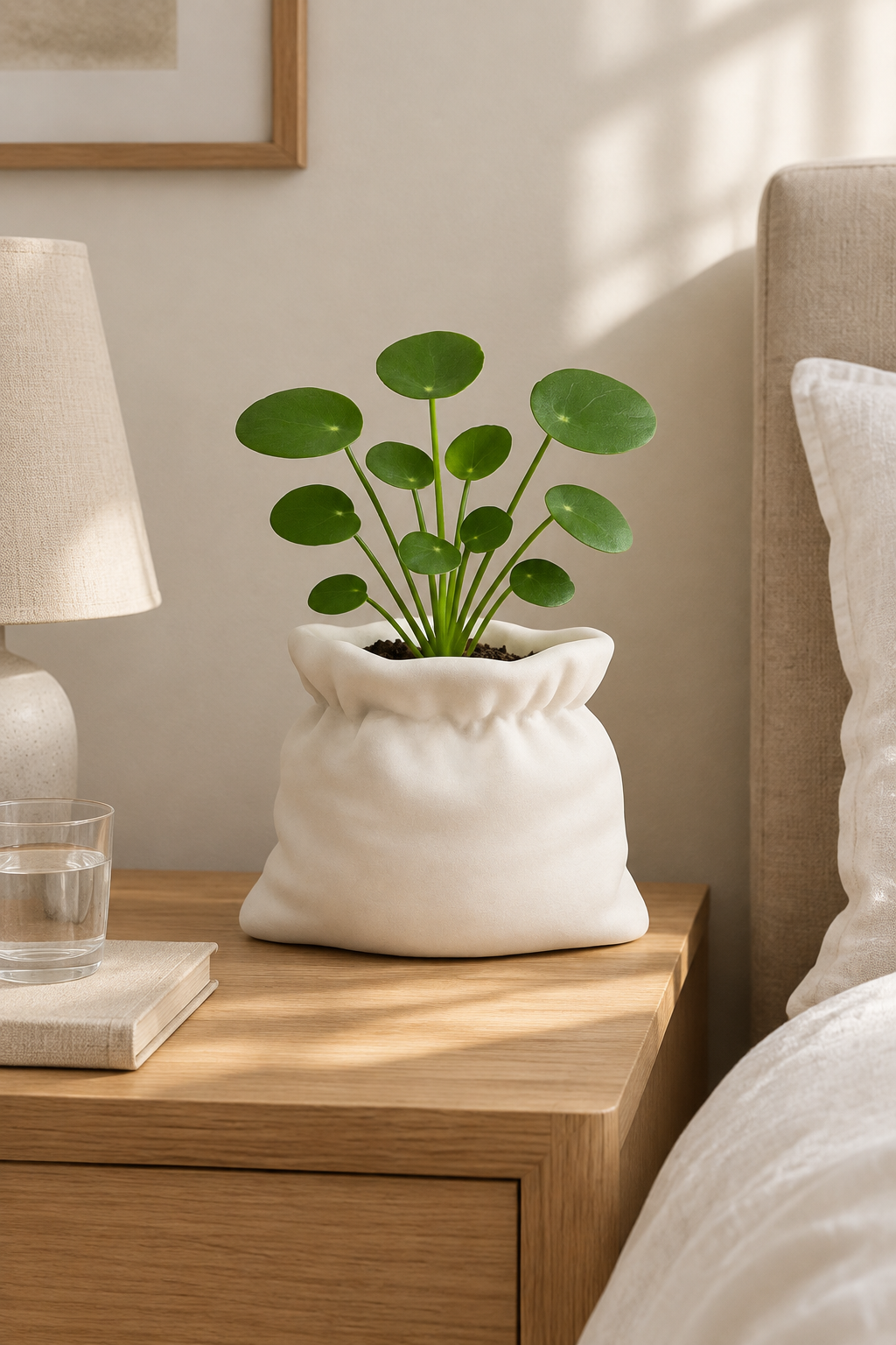 White sack planter with a small green plant on a bedside table
