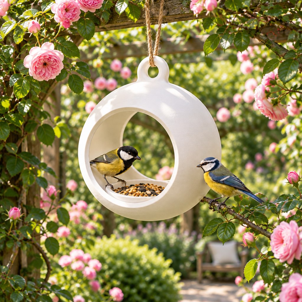 Sphere feeder under rose pergola