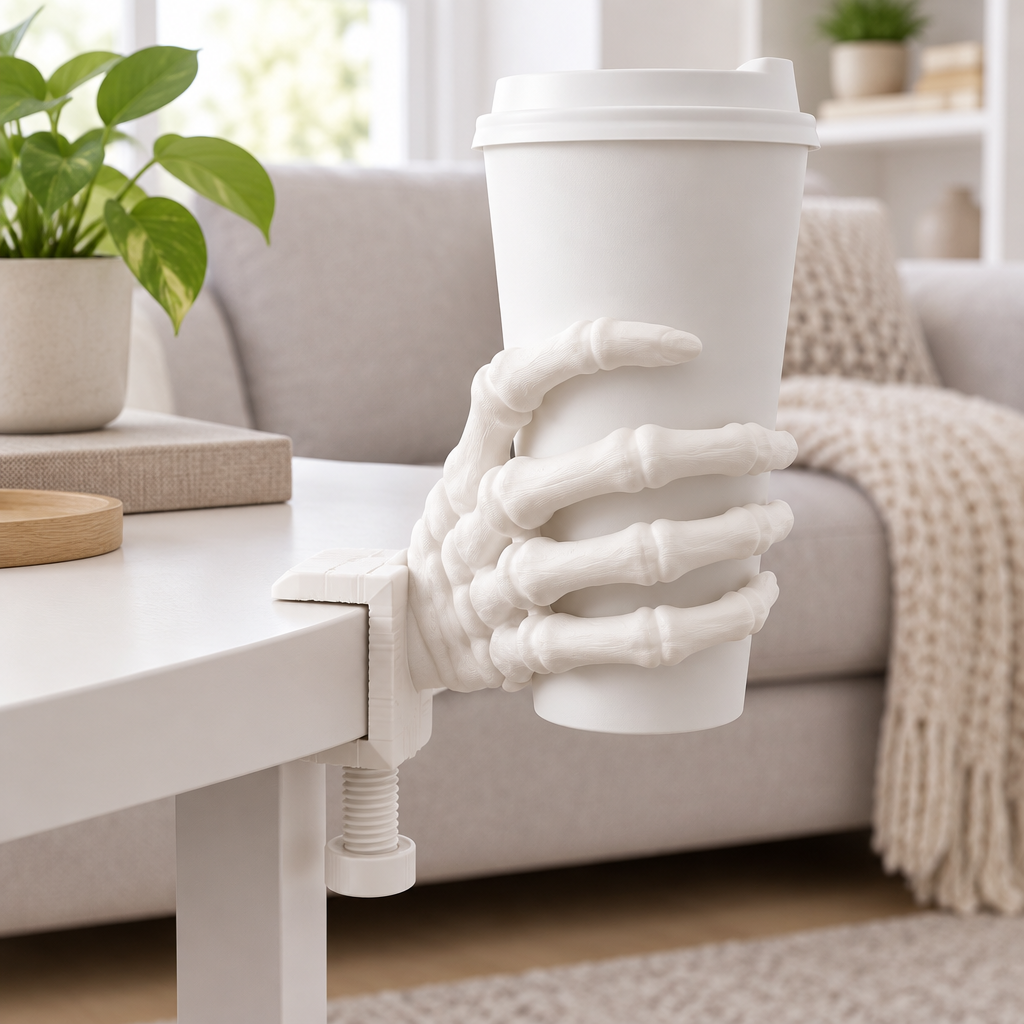 White skeleton hand holder gripping a reusable coffee cup on a side table