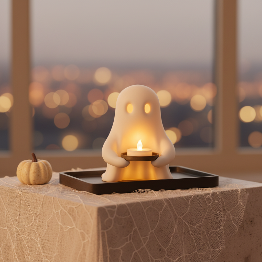 Close-up of a white ghost holding a glowing LED tealight tray