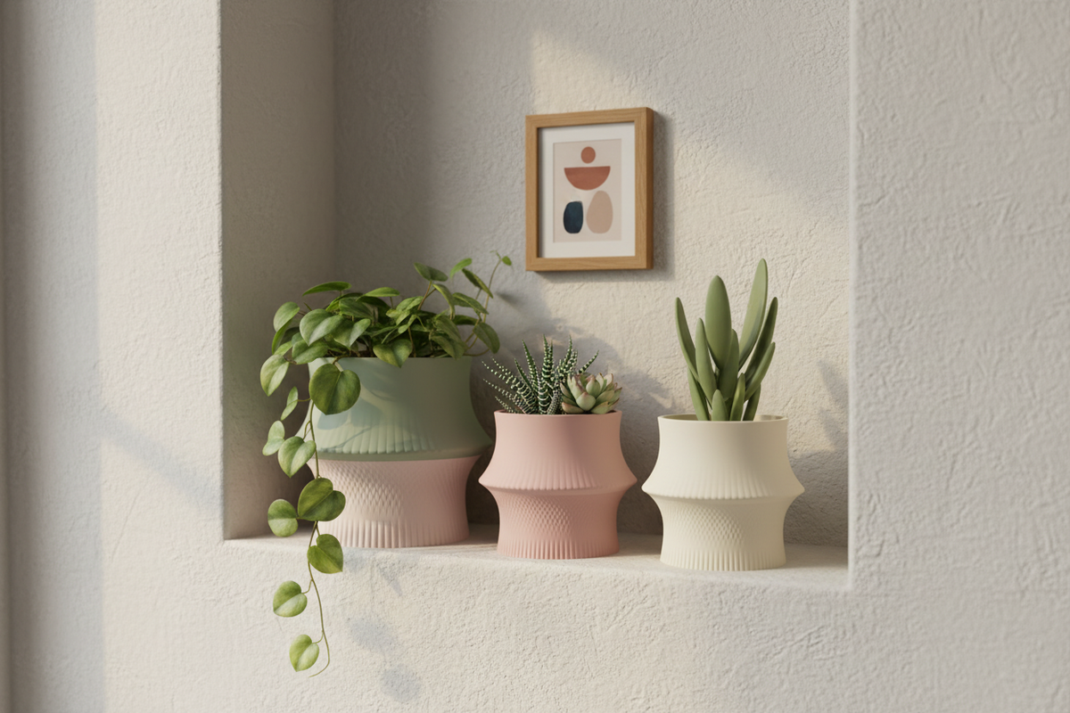 Three sculpted hourglass desk planters in sage green pink and white on cream plaster shelf Scandinavian shelfie lifestyle