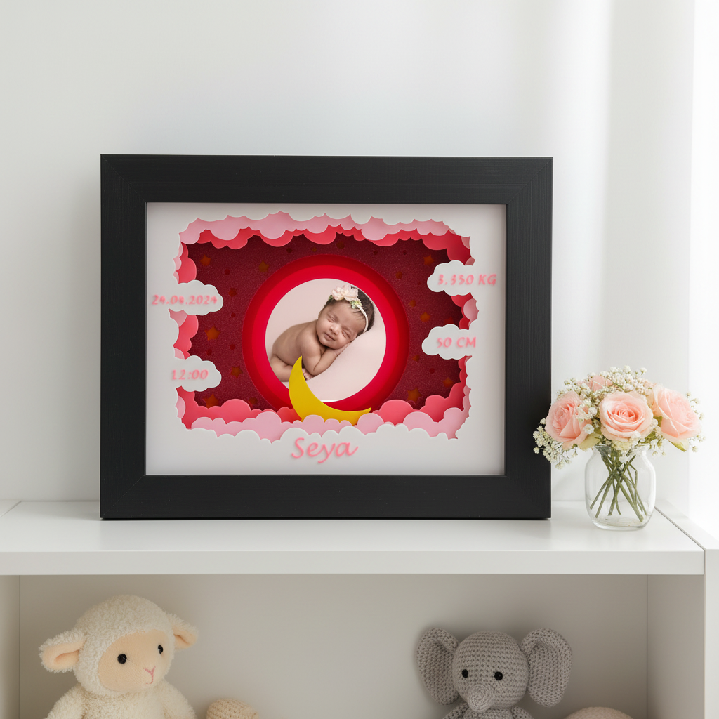 Baby Photo Frame Shadow Box displayed on a white nursery shelf with soft toys and flowers
