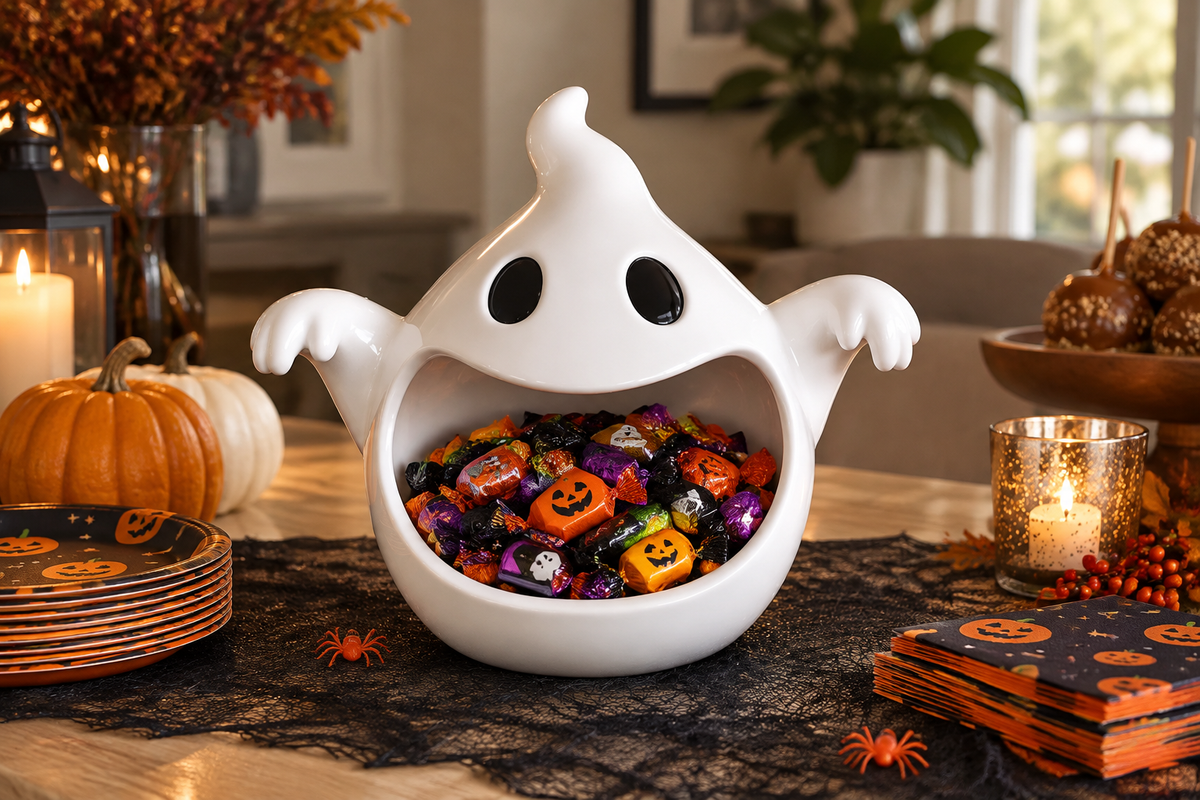 White wide-mouth ghost bowl with outstretched arms at a Halloween party buffet