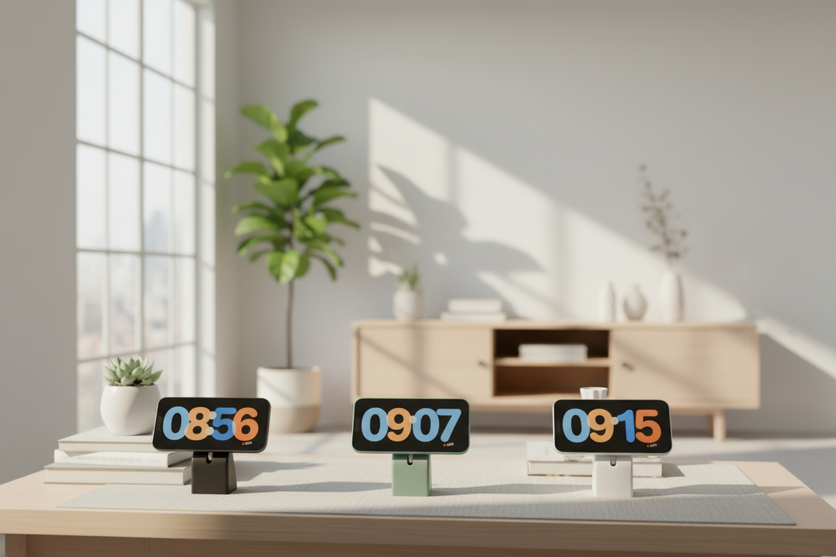 Three Minimalist MagSafe Charger Stands charcoal black sage green soft white each holding smartphone displaying clock app pale linen desk bright contemporary open plan interior wide editorial landscape