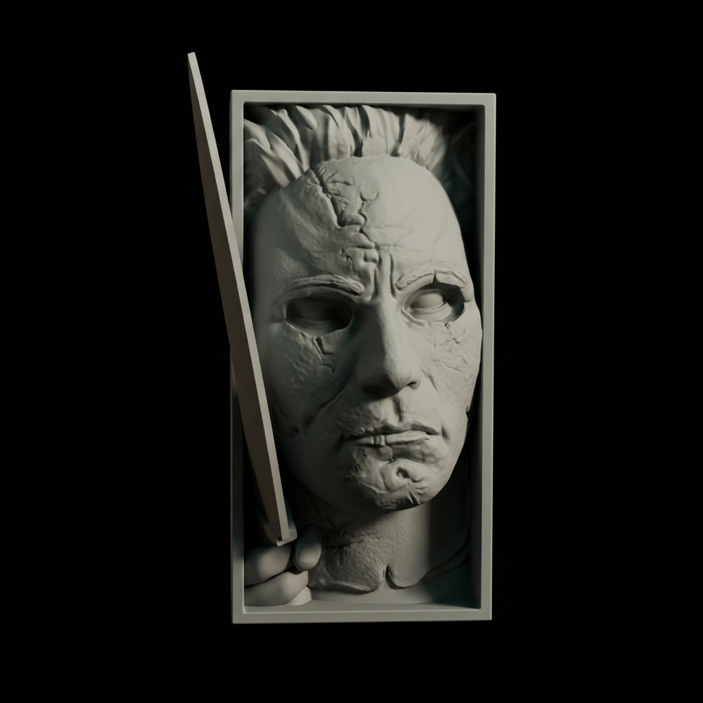Jason Voorhees book nook relief sculpture grey framed box extreme close up macro pale cracked mask hollow eye sockets knife blade pure black studio split raking light sharp sculptural shadow square editorial