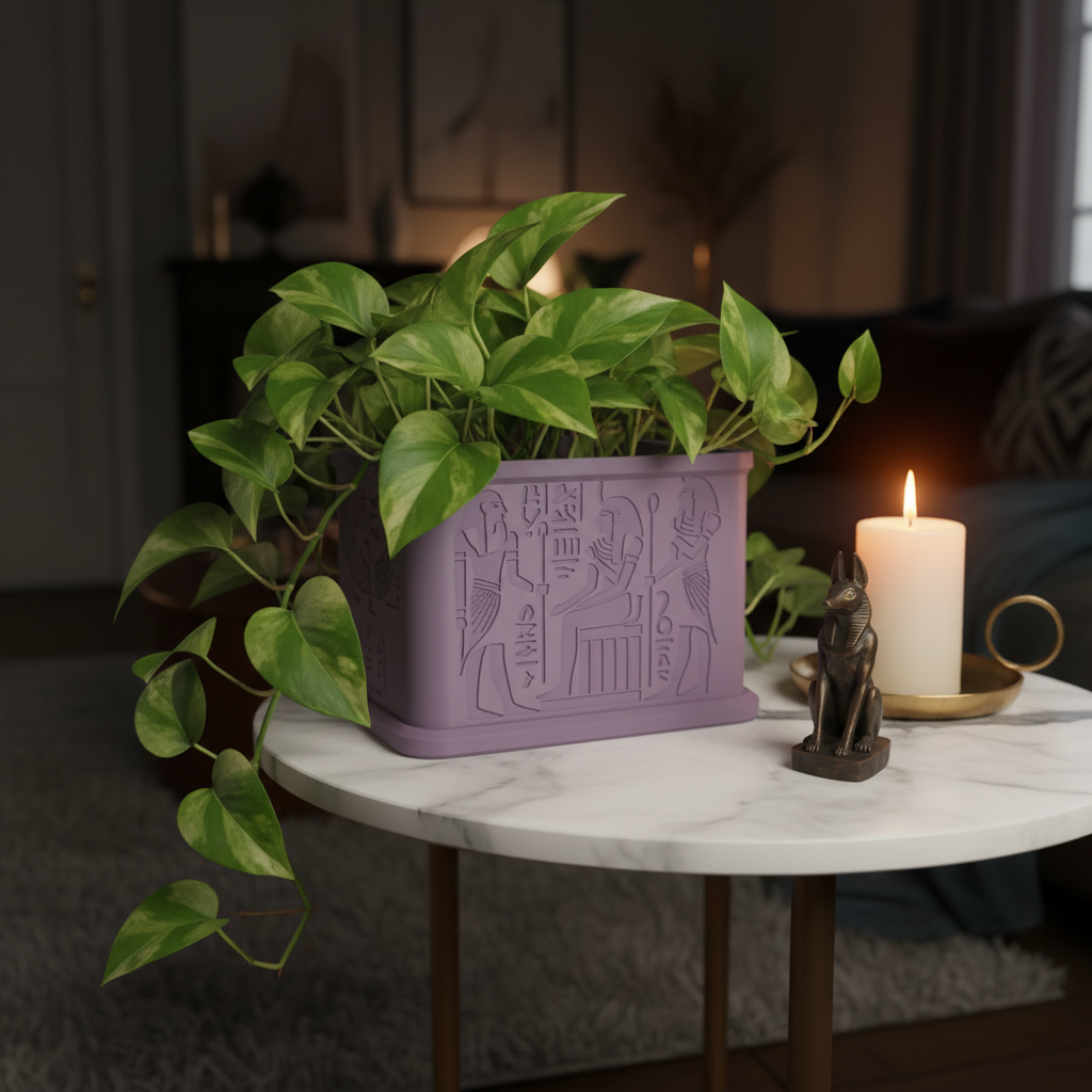 Dusty purple King Tut shrine plant pot with trailing pothos on a marble side table with an Anubis figurine