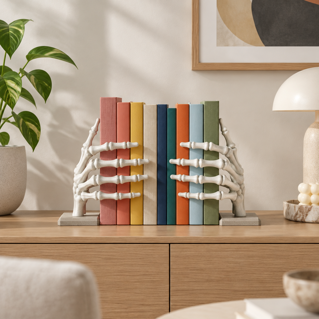 Paint-ready skeleton hand book holders supporting colourful books in a minimalist room